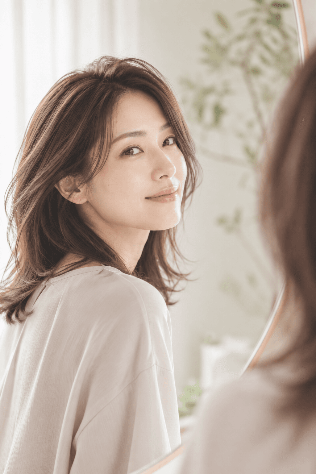 鏡の前で穏やかに振り返る女性のブランドイメージ